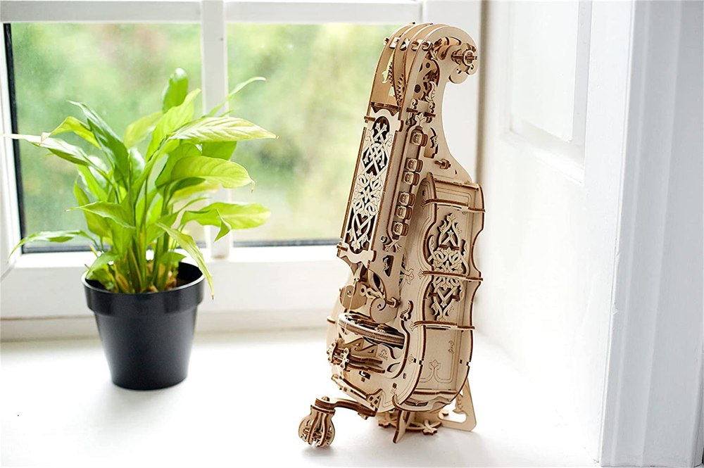 UGEARS hurdy-gurdy model kit laser-cut wooden parts and strings
