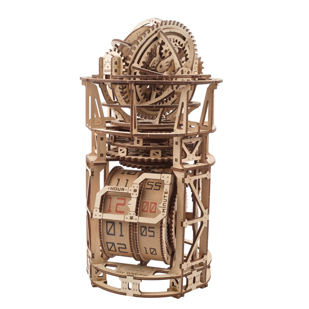 UGEARS Astronomer wooden tourbillon table clock assembled on a plain background