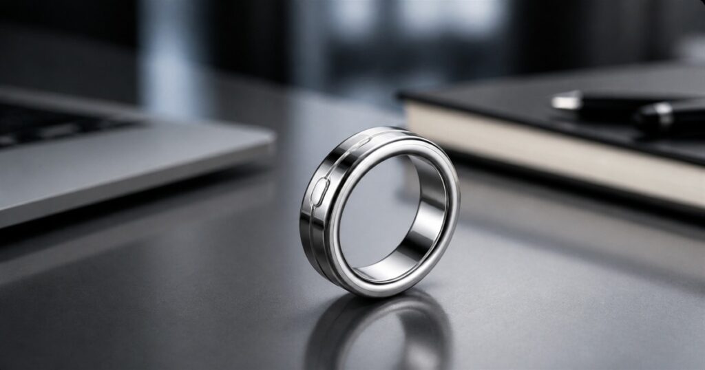 Vocci AI voice-recording ring on a polished desk surface