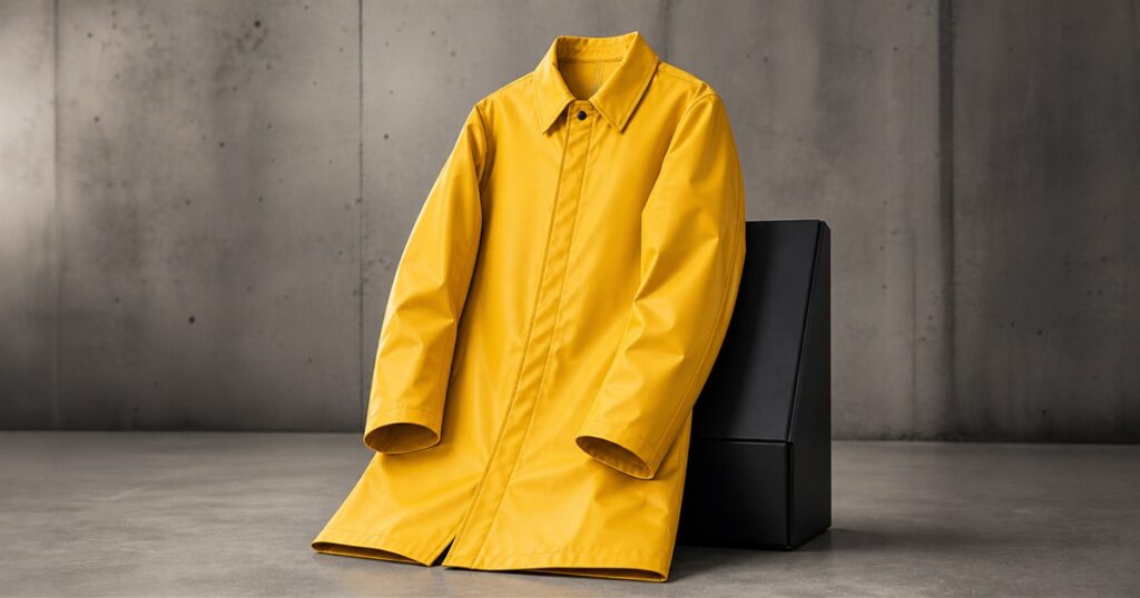 A bright yellow rubber-coated trench coat posed in a studio with a black presentation box