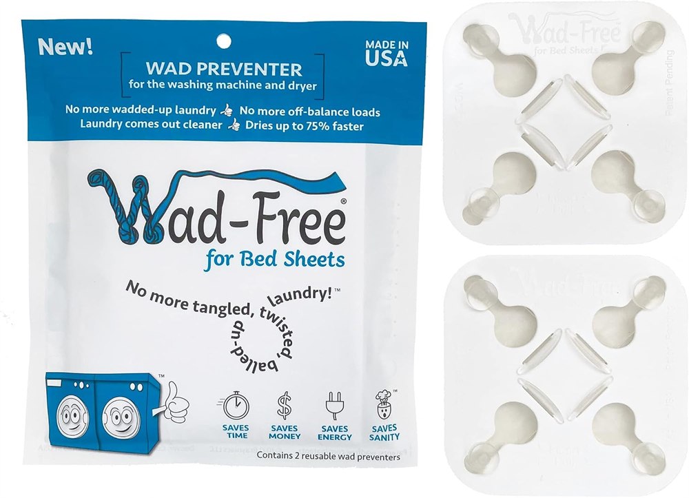 Wad-Free Bed Sheet Detangler package and two white sheet clips