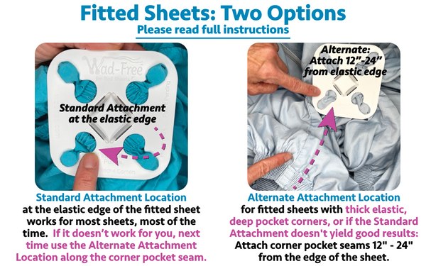 Official Wad-Free fitted sheet attachment options graphic