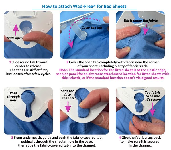 Official Wad-Free how-to graphic showing sheet attachment steps