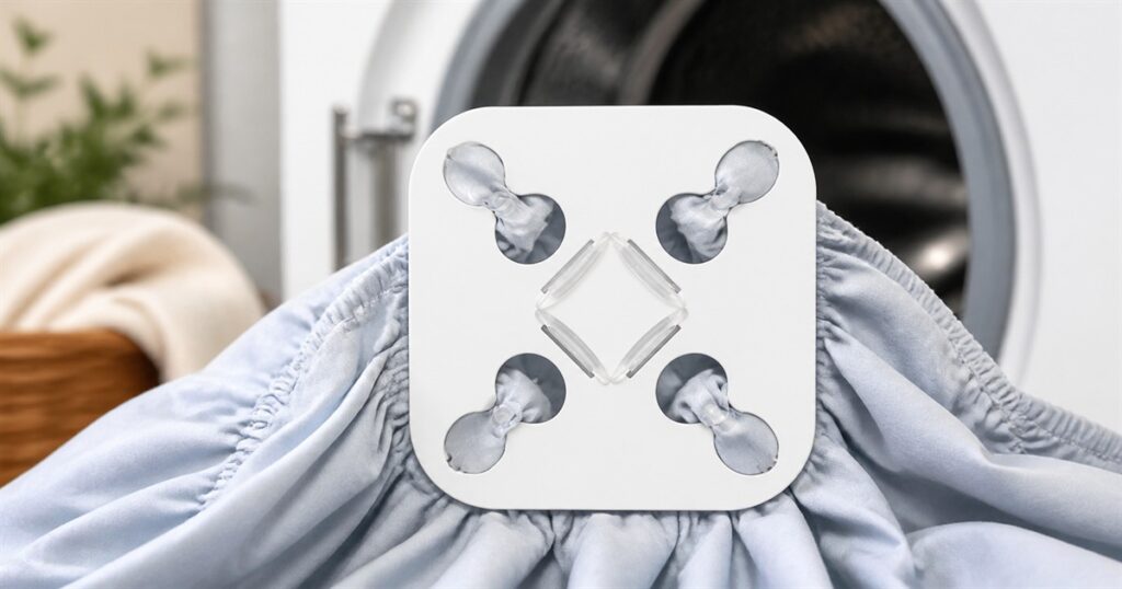 Wad-Free Bed Sheet Detangler clipped to light blue bedding in a laundry room