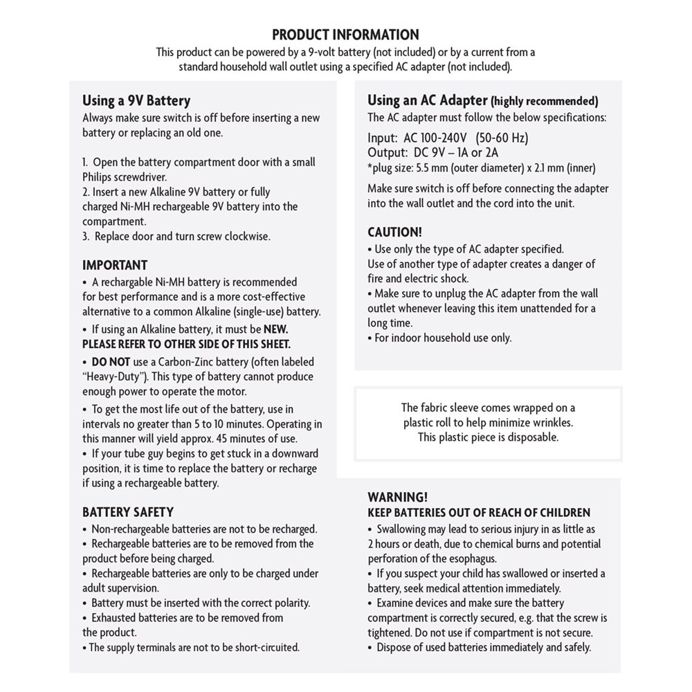 Product information sheet for the mini wacky waving inflatable tube guy