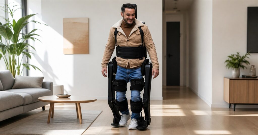 Wandercraft Eve self-balancing personal exoskeleton in a modern indoor setting