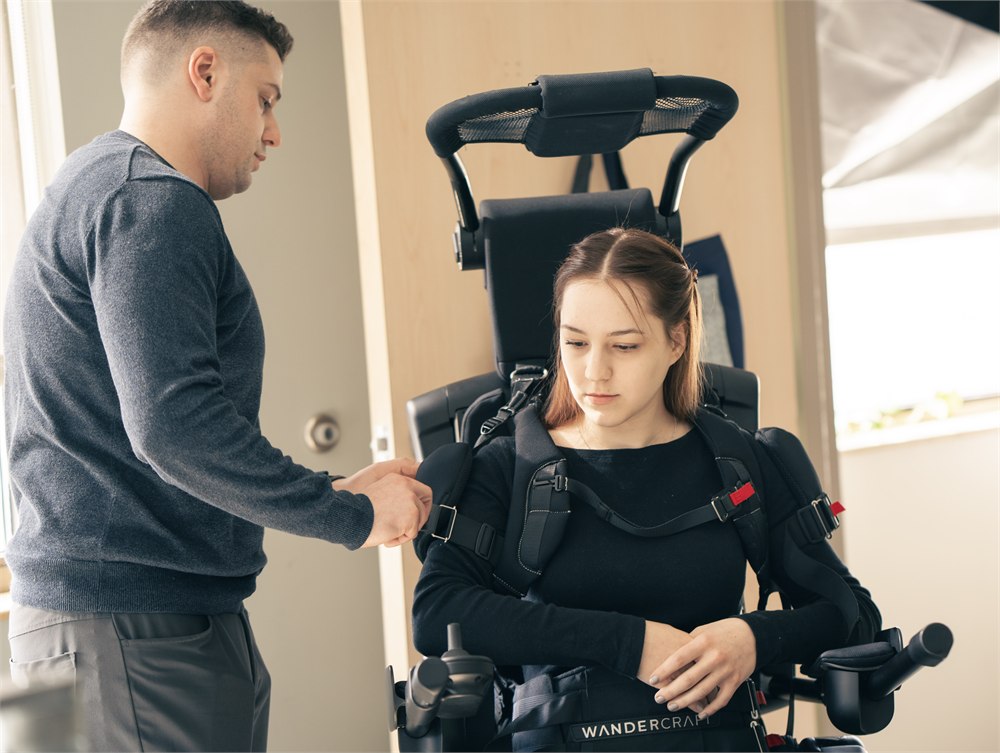 Wandercraft Eve personal exoskeleton indoor fitting and training image