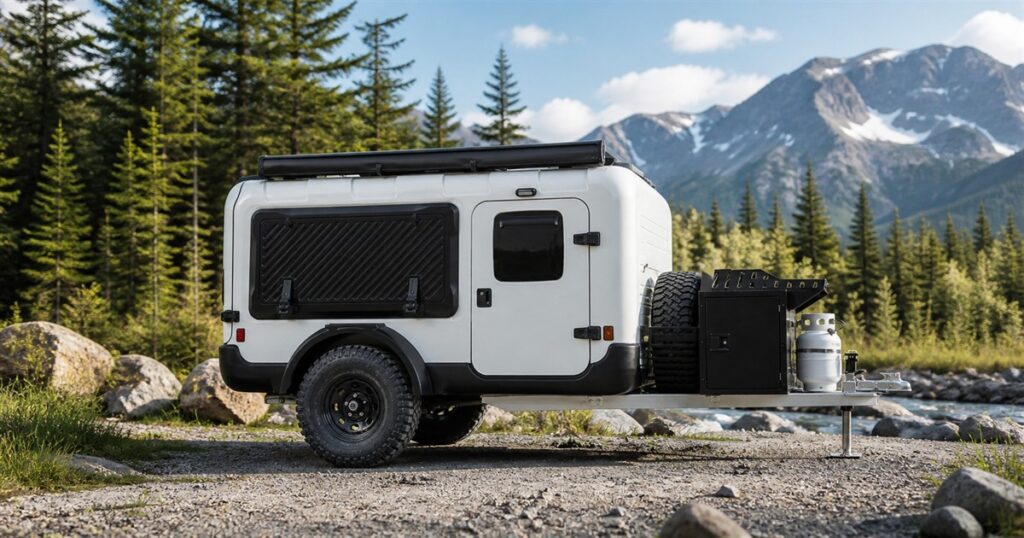 Motsmann Outranger wood-free off-road micro-camper in a mountain campsite