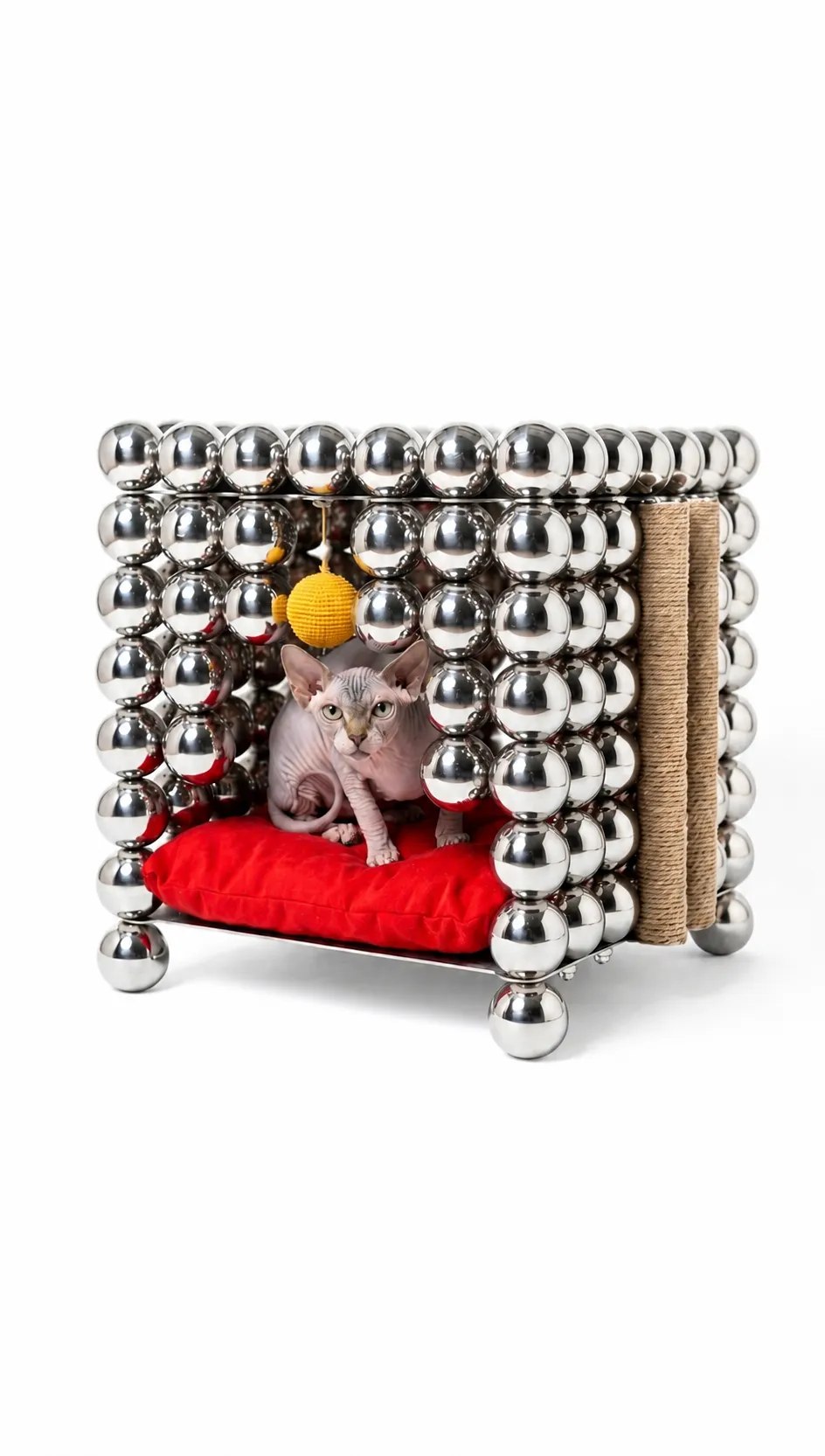 Wishes Collection chrome sphere pet home with red cushion and cat furniture details