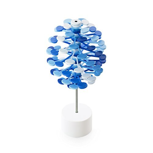 Blue and white Lollipopter kinetic sculpture in its open shape on a white stand