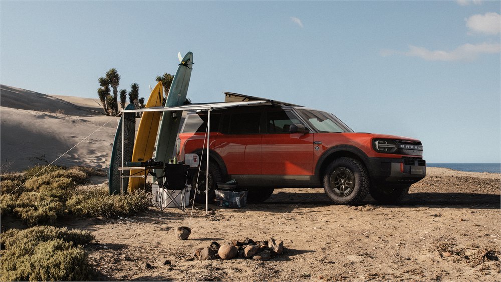 Ford rendering of Basecamp at a coastal campsite with accessories