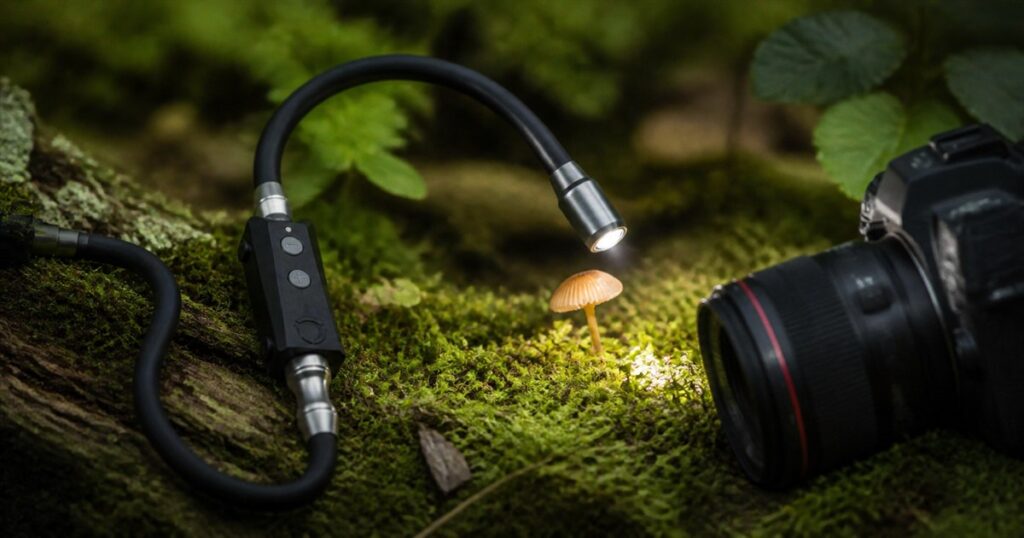 Adaptalux Pod Mini 2.0 macro lighting system illuminating a tiny mossy subject