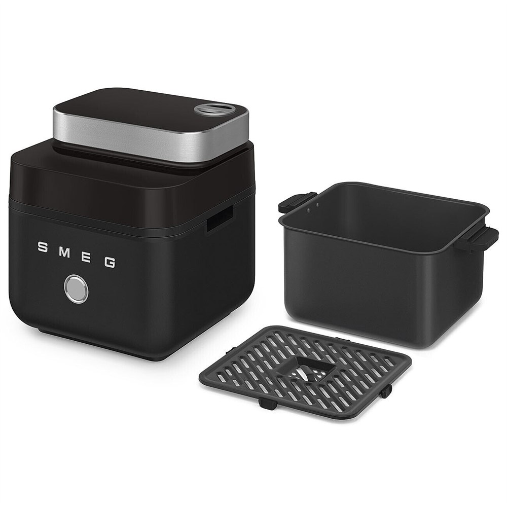 Air fryer with its removable basket and rack displayed separately