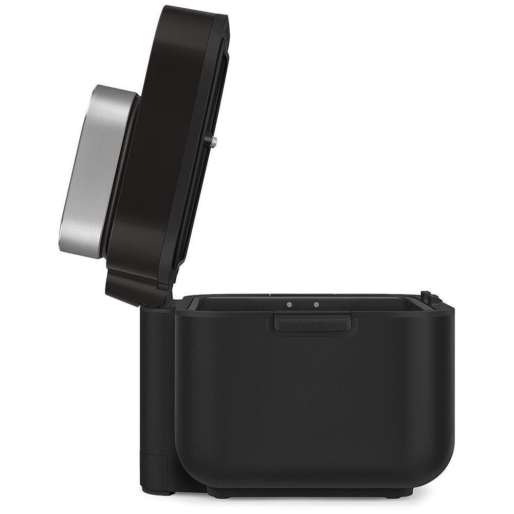 Side view of the air fryer with its hinged lid raised