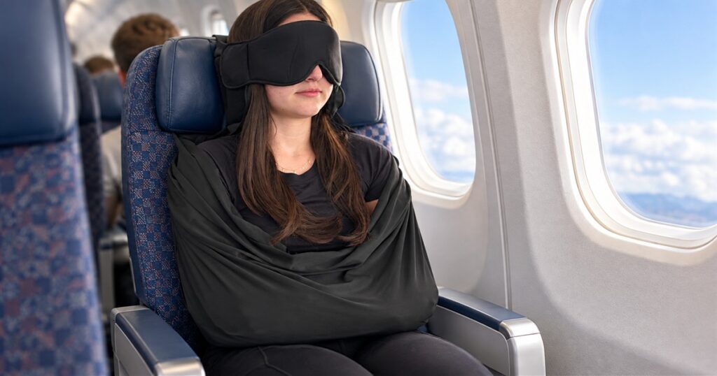 Black airplane sleep support mask and body sling on a seated traveler