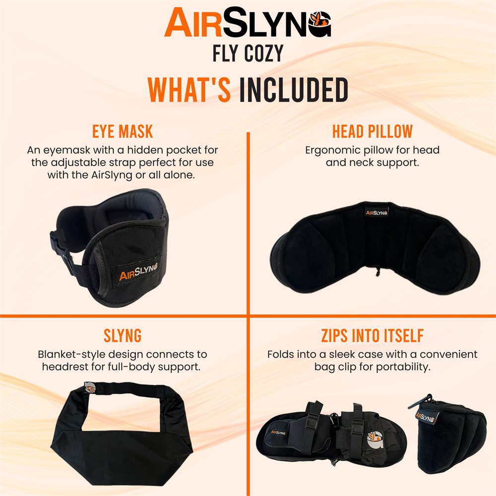AirSlyng kit contents showing pillow, mask, sling and zipped storage