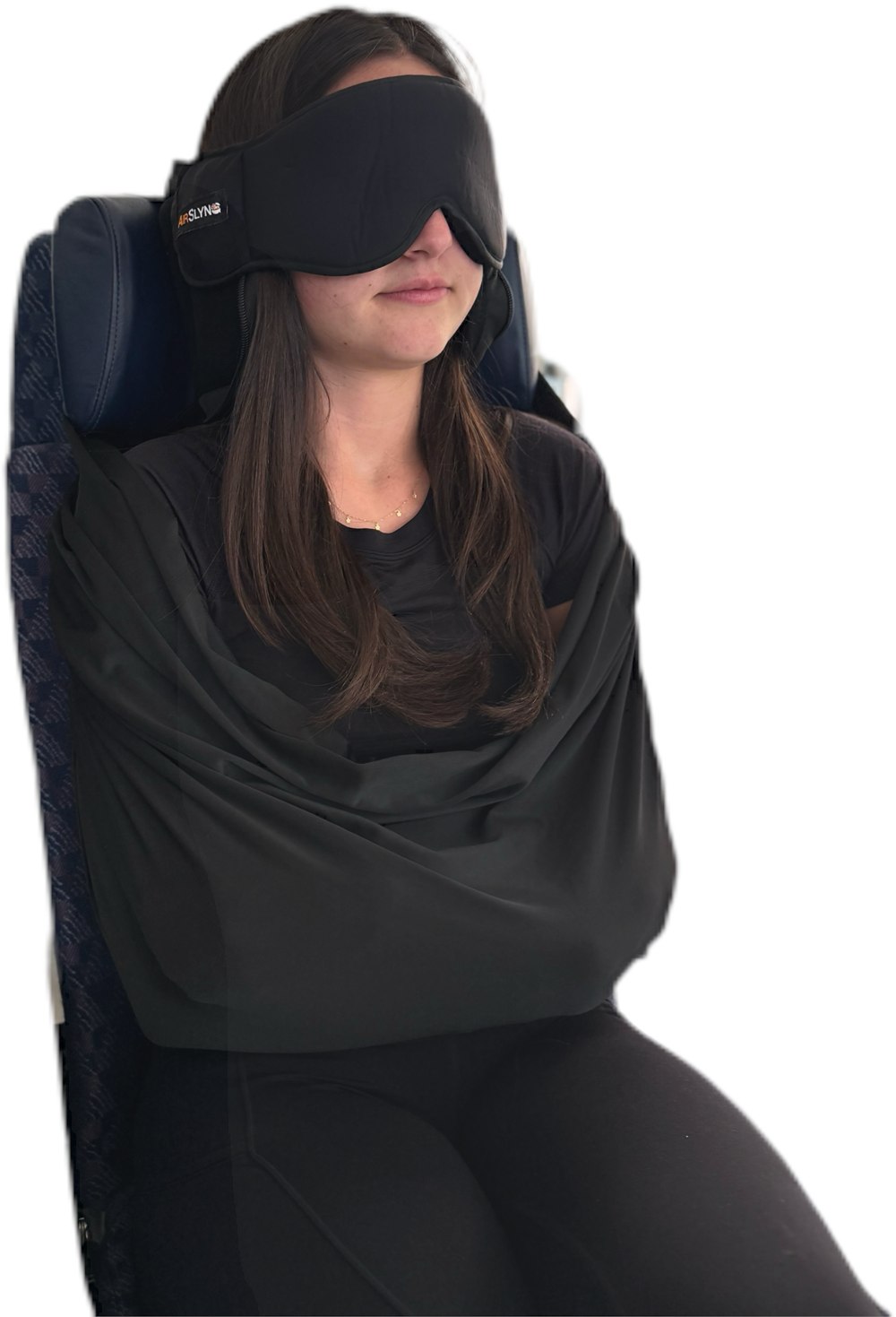 Seated traveler wearing the black mask and upper-body sling
