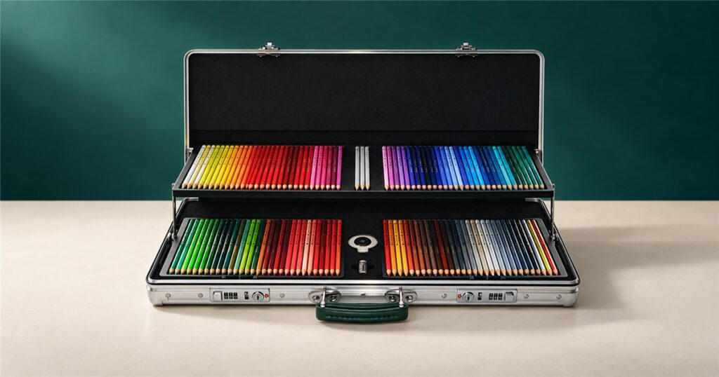 Aluminum artist pencil case with two unfolding trays of color
