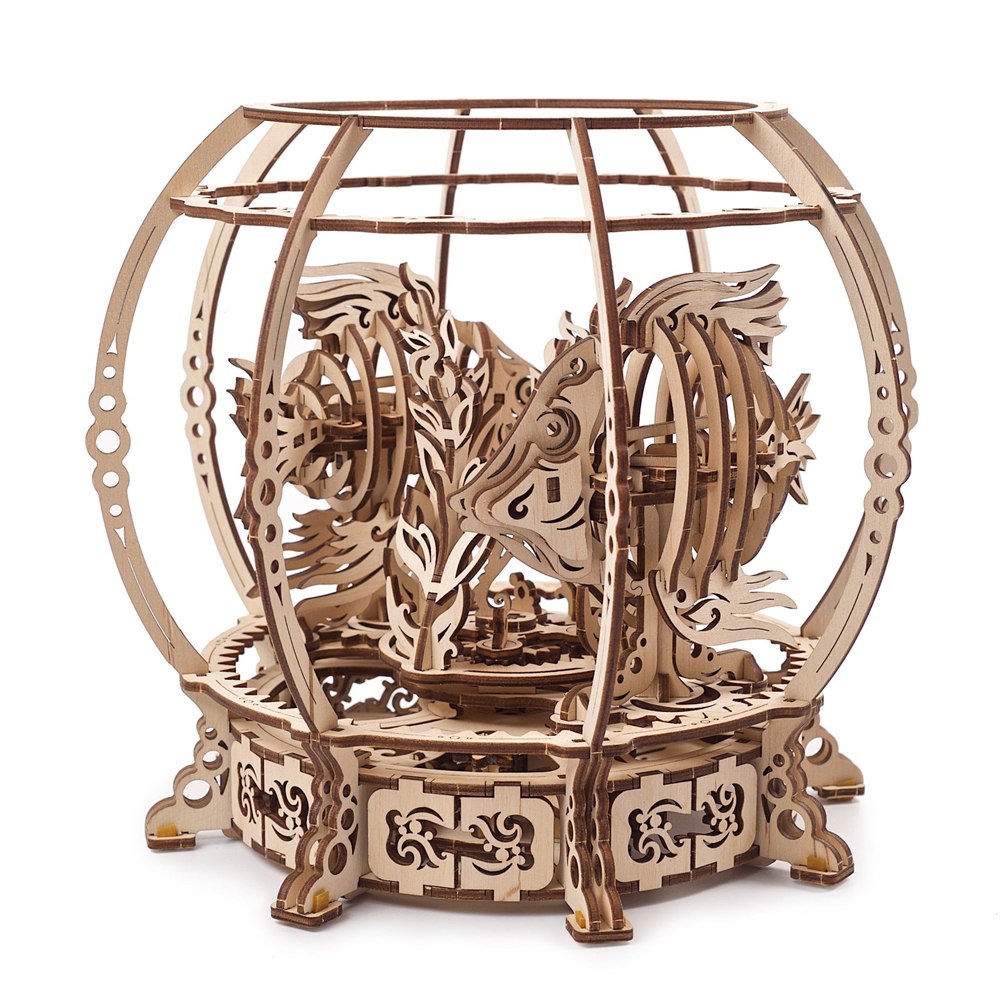 Wooden mechanical aquarium with two fish and open curved frame