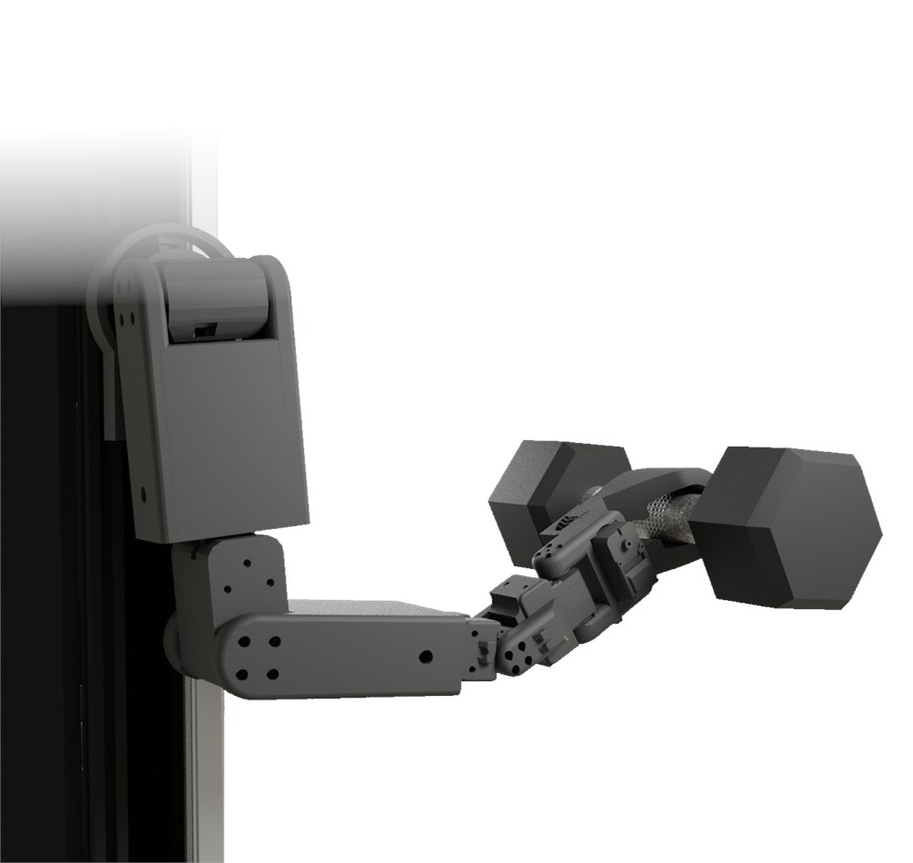 NORI robot arm and gripper holding a small dumbbell