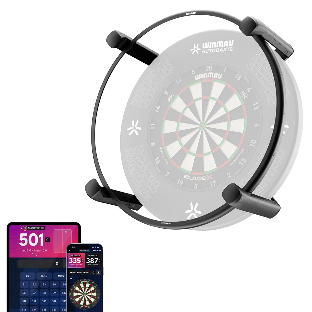 Autodarts X four-camera scoring ring with app display examples