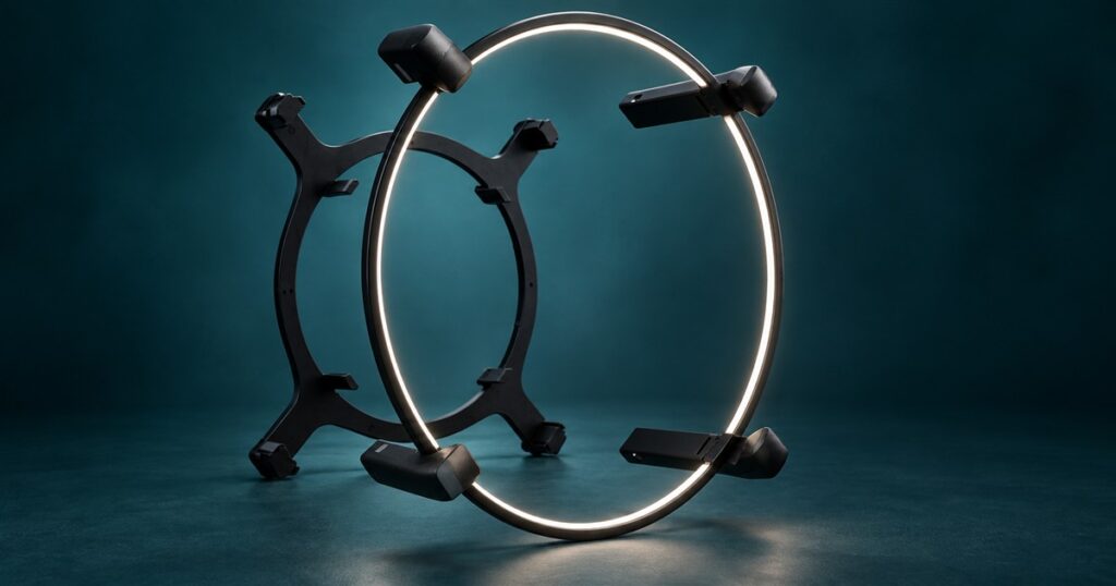 Editorial illustration of the Autodarts X camera scoring and lighting ring