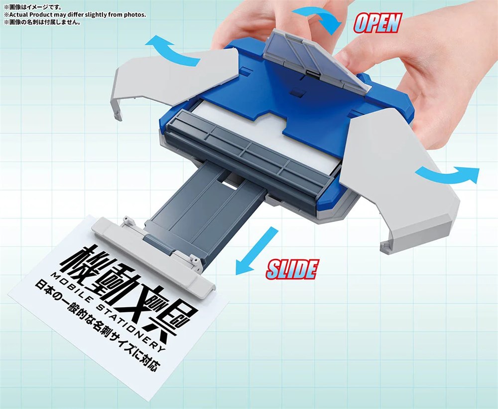 Bandai automatic transforming business card case opened to present a card