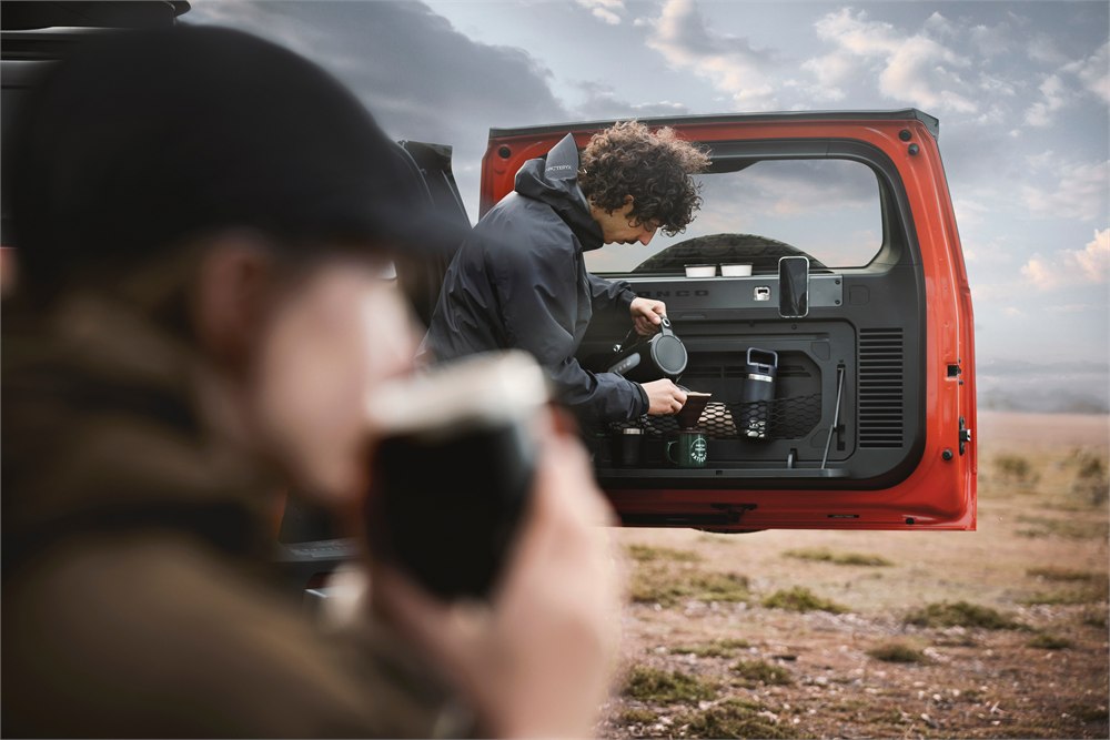 Bronco Basecamp prototype rear-door utility table in use