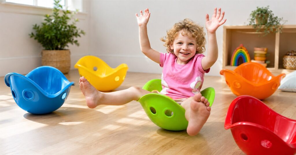 MOLUK Bilibo spinning shell toy in a bright playroom.