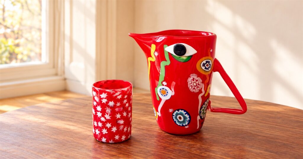 Red Murano bird glass pitcher and matching star-pattern glass