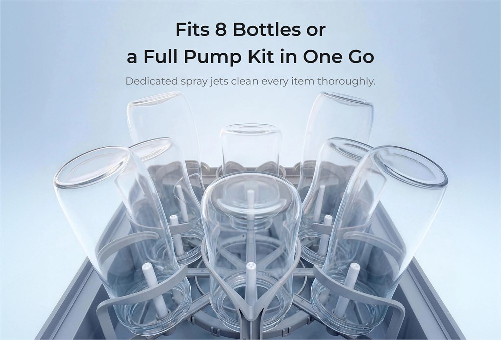 Eight bottles arranged on the D8 washer rack