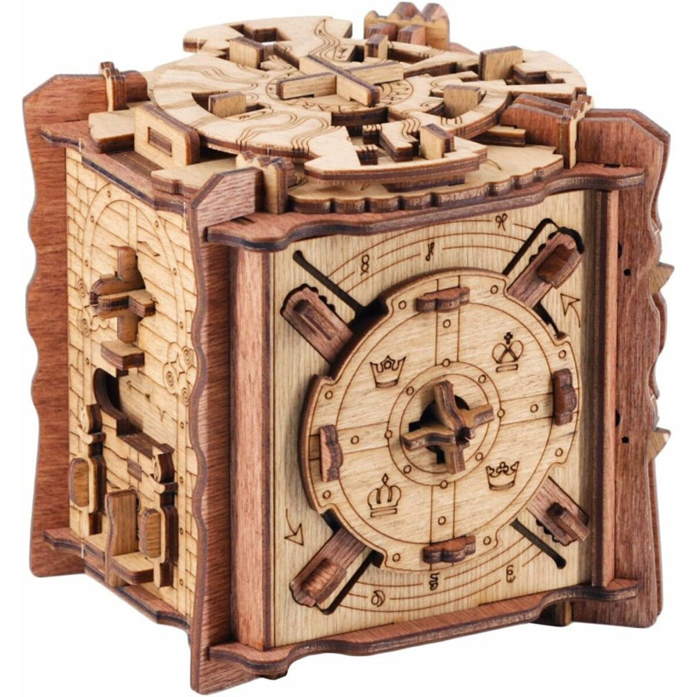 Trial of Camelot wooden puzzle box with circular front dial and layered top