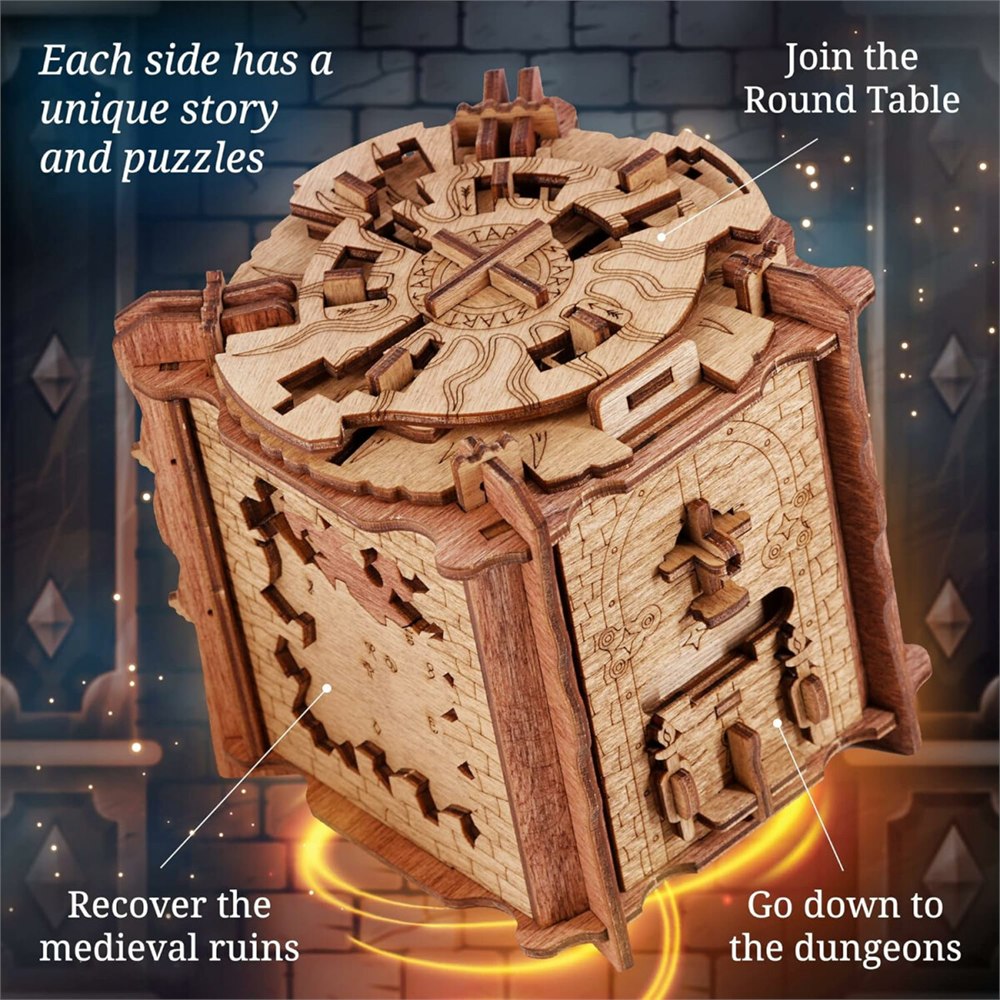 Round-table puzzle and medieval engraved sides of the Camelot box
