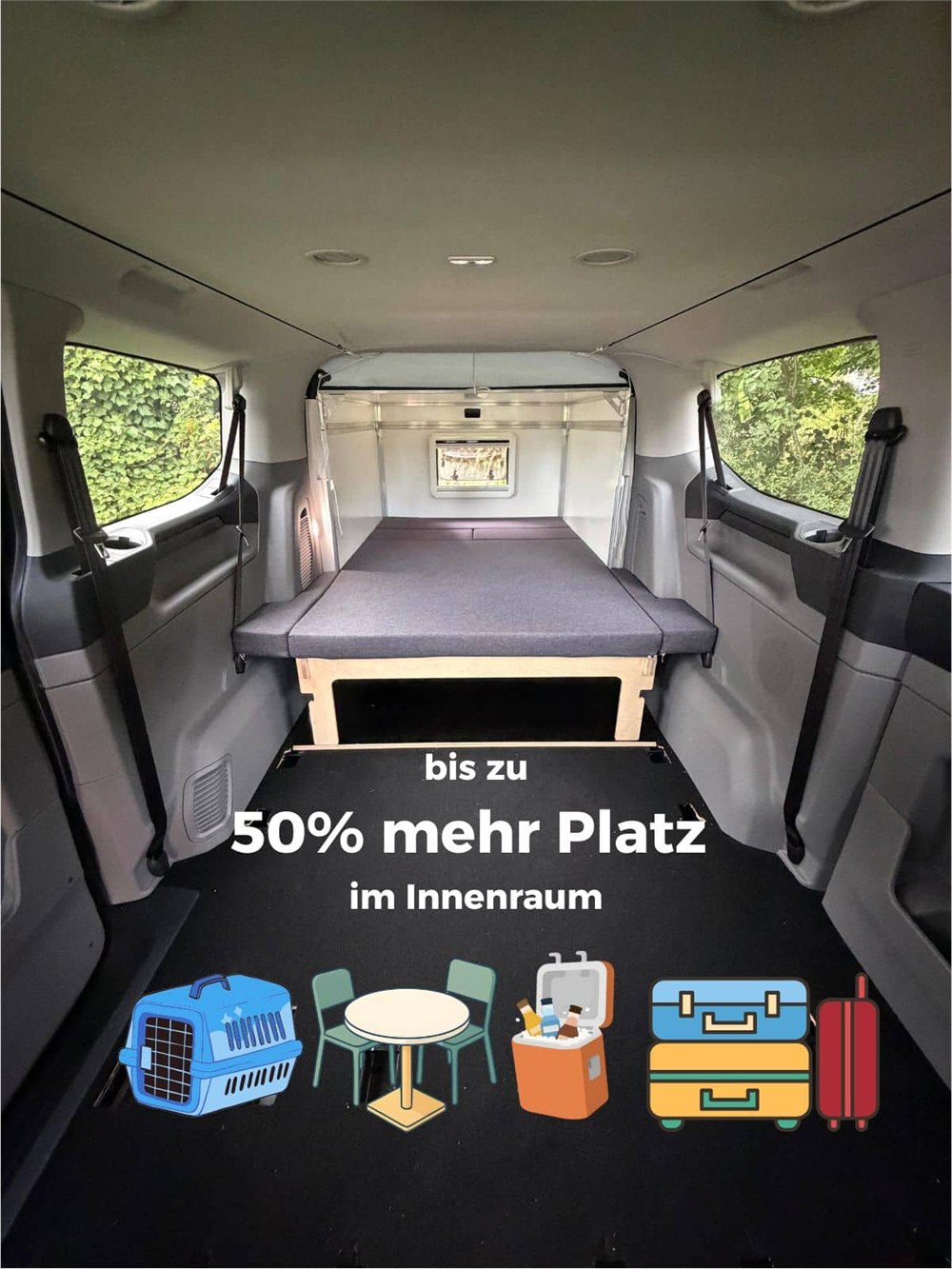 View from the van cabin toward the extended camper bed