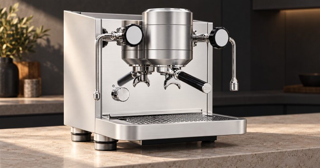 Audi-inspired aluminum espresso machine on a stone coffee counter