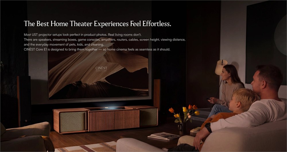 CINÉST Core media console in a living room with a wall projection setup