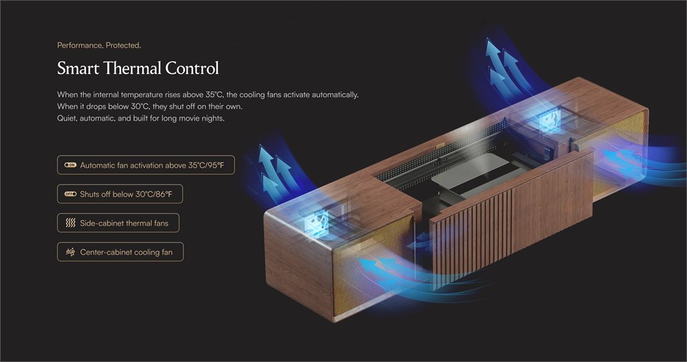 CINÉST Core cabinet with an equipment compartment open for AV storage