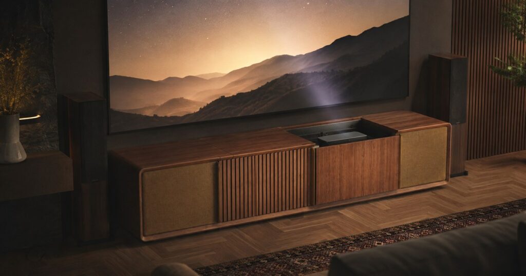 CINÉST Core motorized UST projector media console in a living room