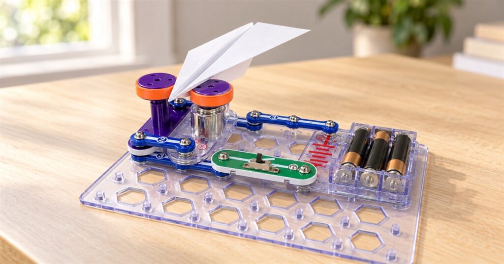 Editorial illustration of the Snap Circuits paper airplane launcher