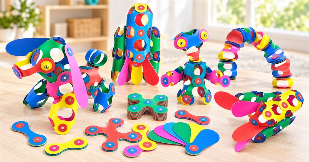 Clixo Rainbow Pack flexible magnetic toy pieces built into colorful 3D creations