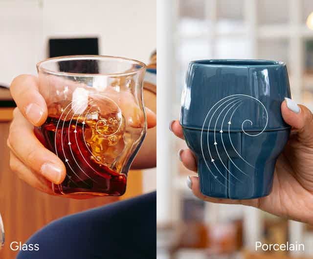Manufacturer illustration comparing swirling in glass and porcelain cups