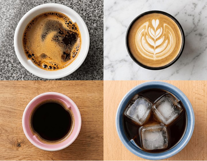Porcelain cups serving black coffee, milk coffee, and iced coffee