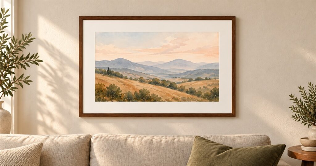 Wind-up color e ink art frame on a tabletop