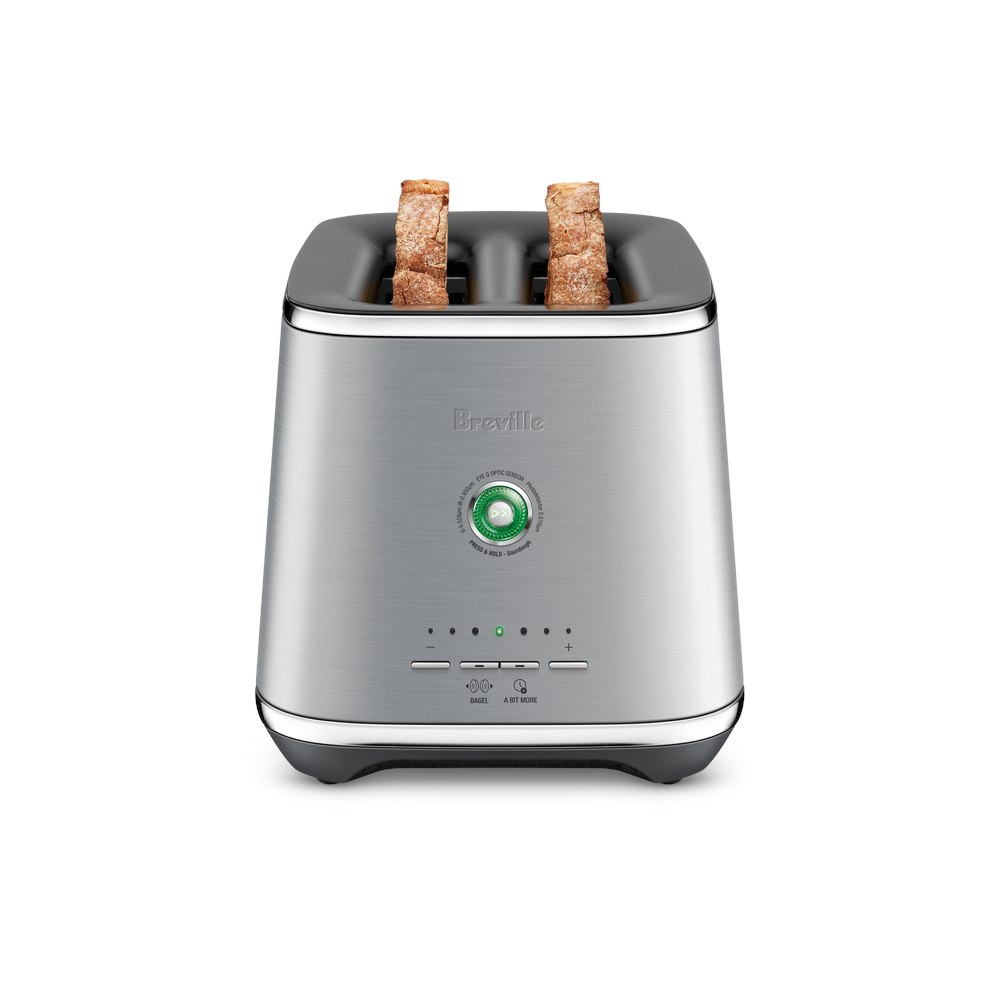 Front view of the Breville Eye Q 850 two-slice toaster with toast