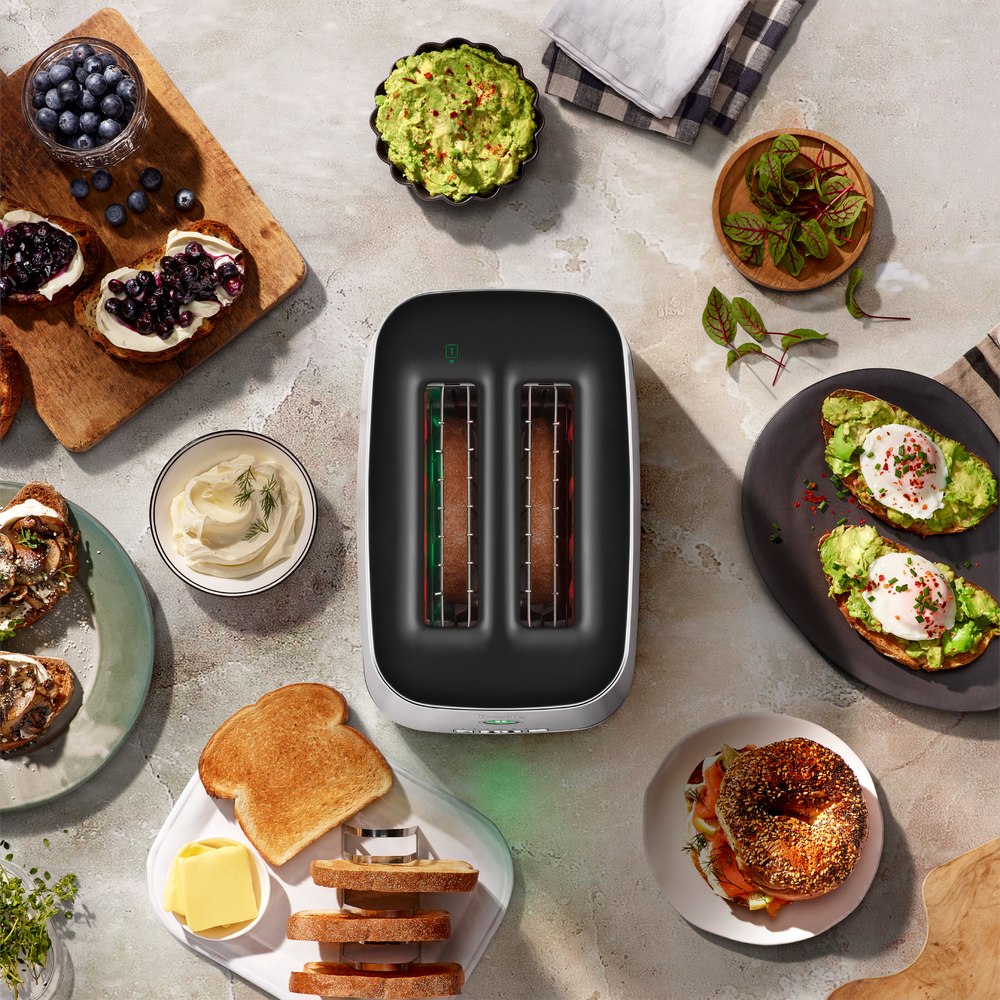 Overhead view of the color sensing toaster on a breakfast counter