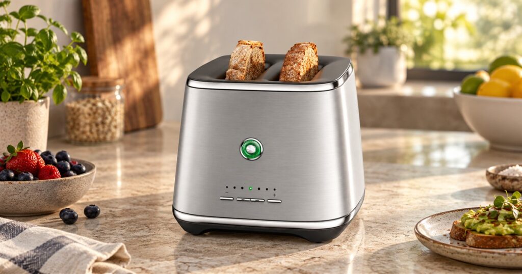 Brushed steel two-slice color sensing toaster with toast and green control button