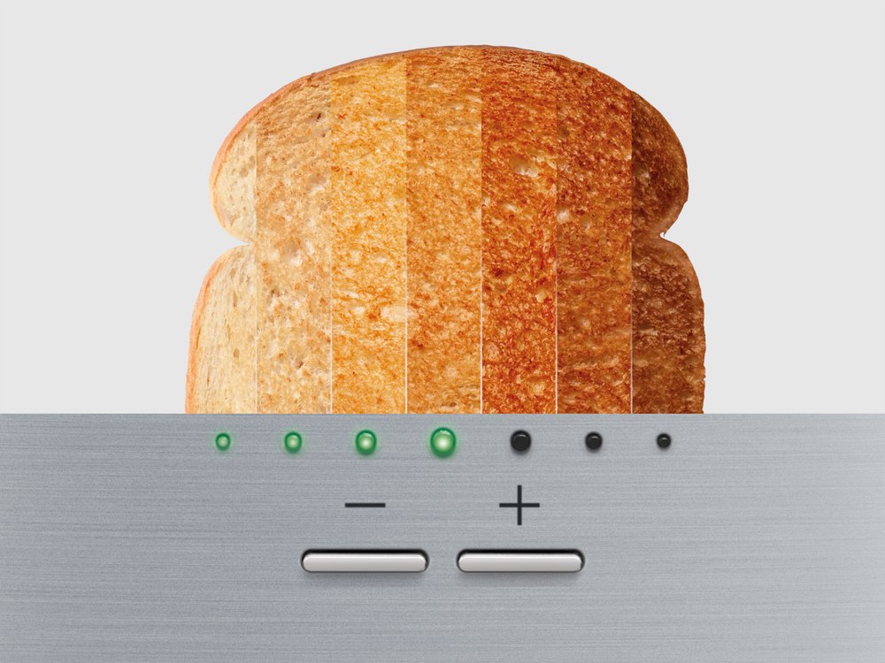 Breville illustration of seven toast shades and the shade selection controls