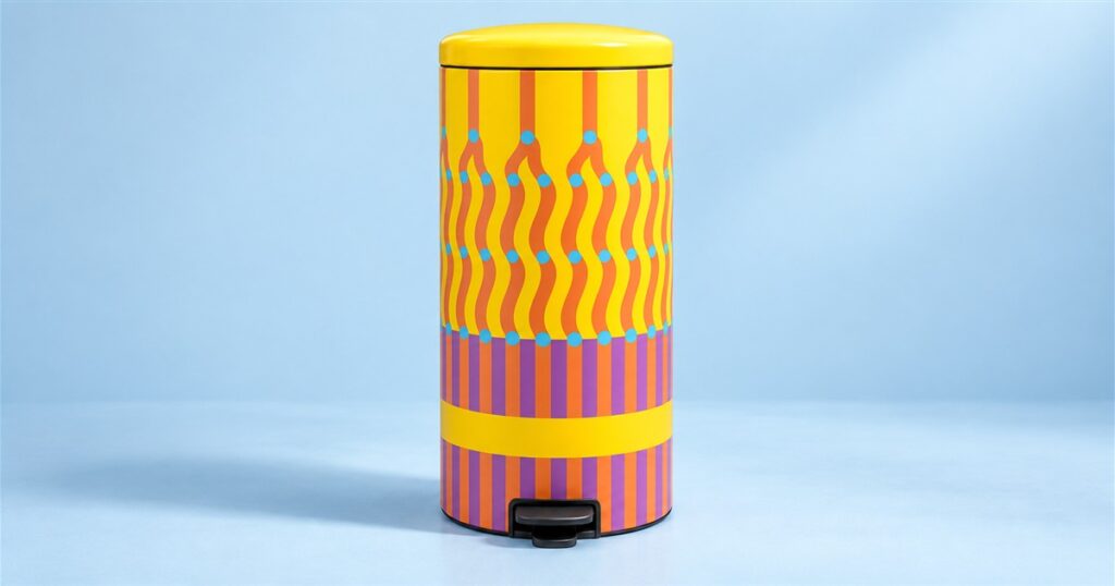 Colorful pedal bin on a blue studio background