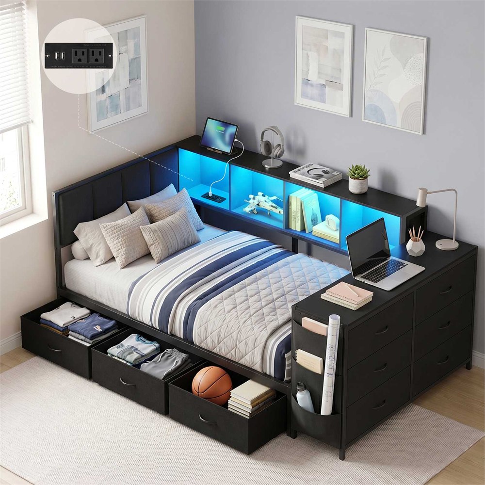 Hasuit twin corner bed with open under-bed drawers and footboard desk