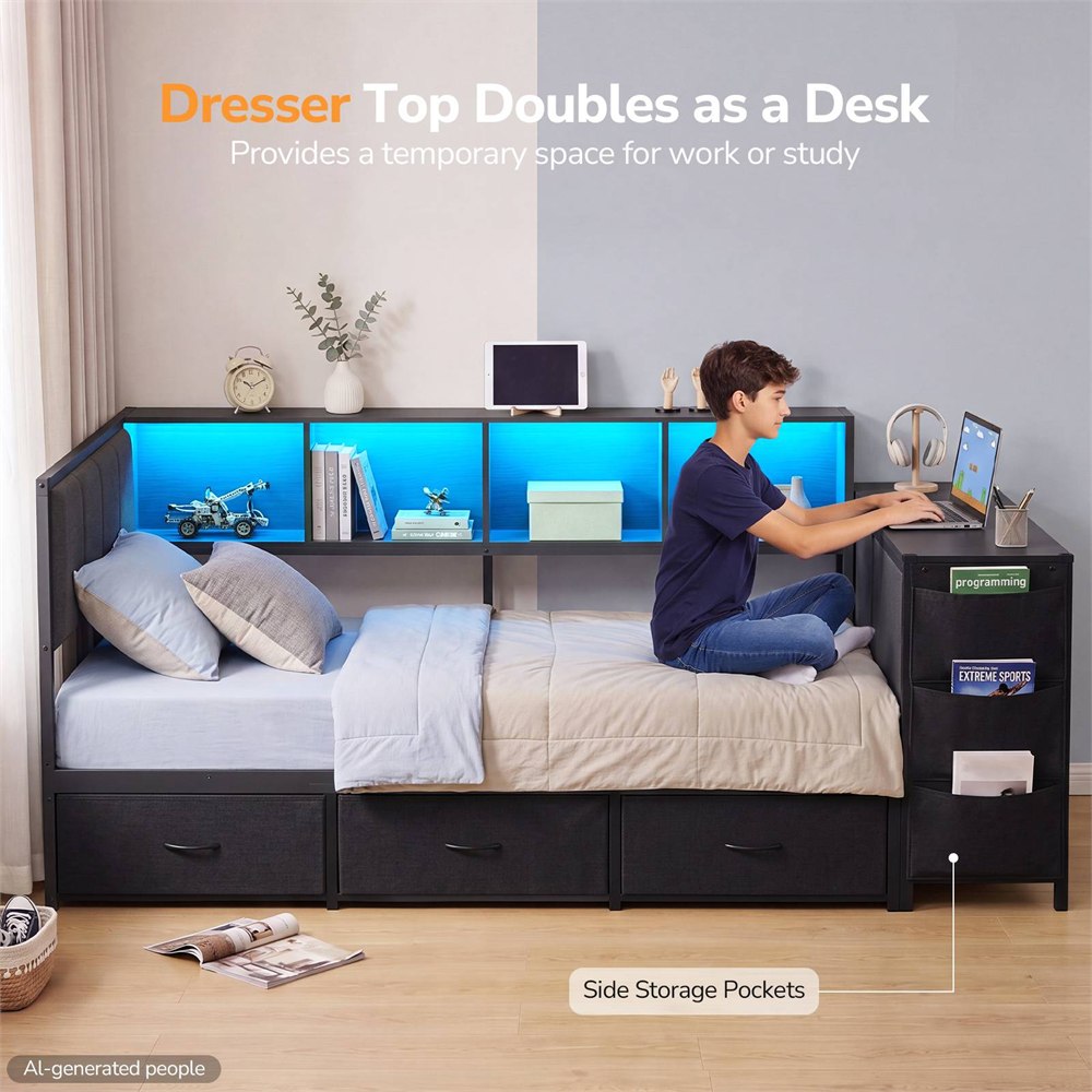 Footboard desk used while sitting on the twin mattress